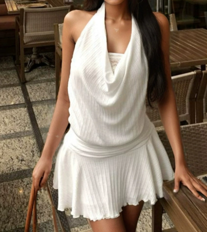 Sexy Swing Collar Dress Women Summer White Halter Backless Faux Two Piece Waist A line Dress by Ragazza