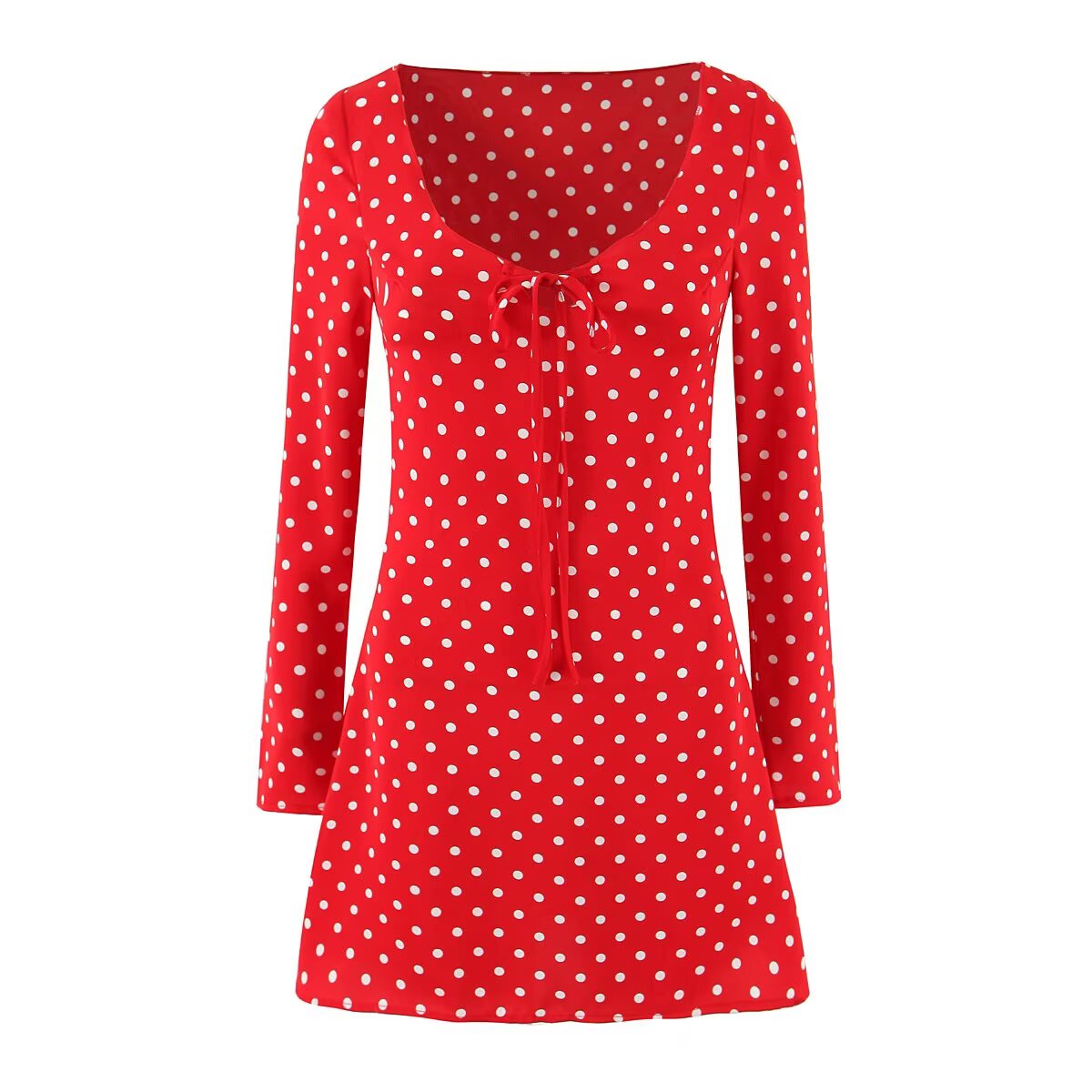 Summer Sexy Square Neck Lace up Red Polka Dot Long Sleeve Sexy Dress by Ragazza