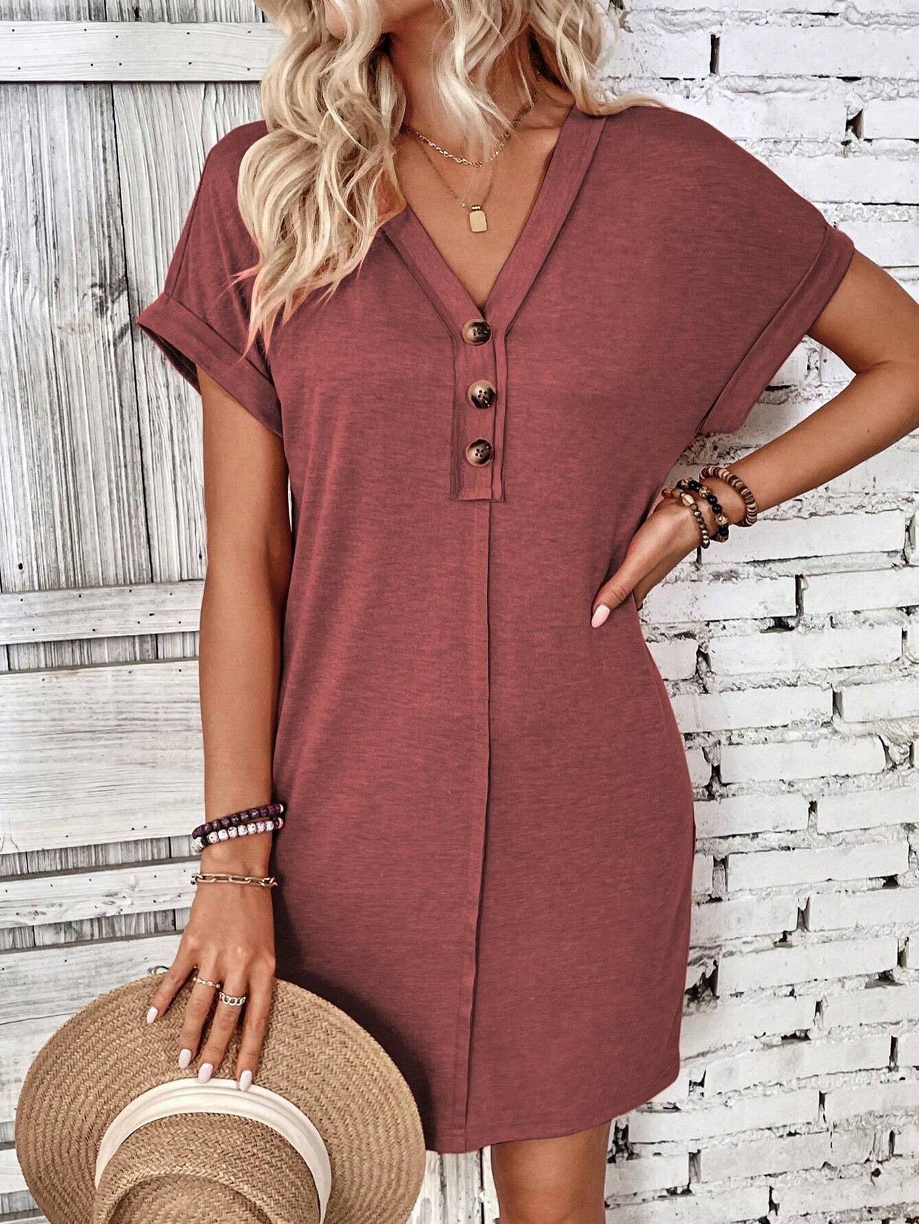 Summer Women Clothing All Match Buckle V neck Shoulder Roll Sleeve Solid Color Dress by Ragazza