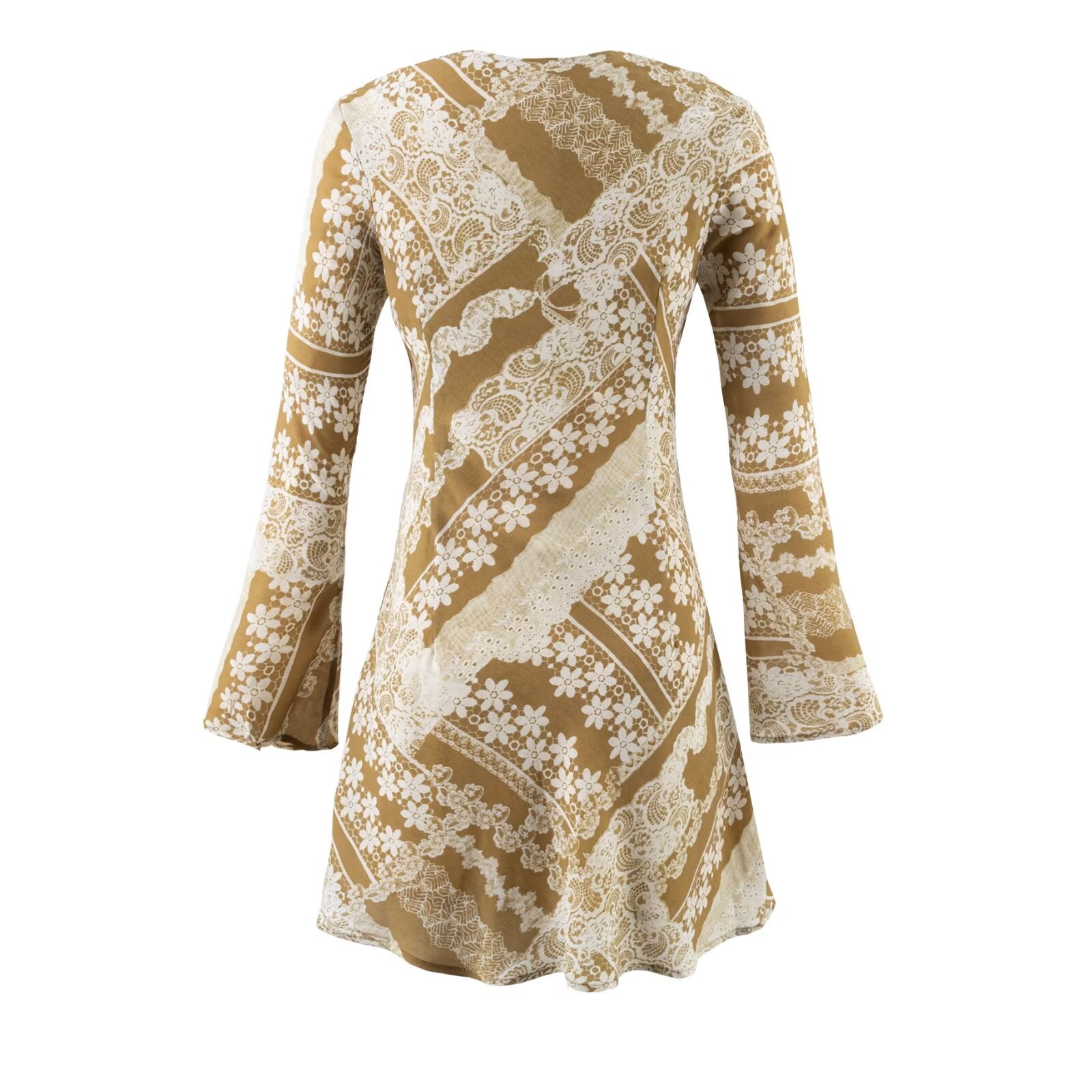 Summer Fashionable Retro Color Printing V neck Lace up Micro Pull Long Sleeve Dress by Ragazza
