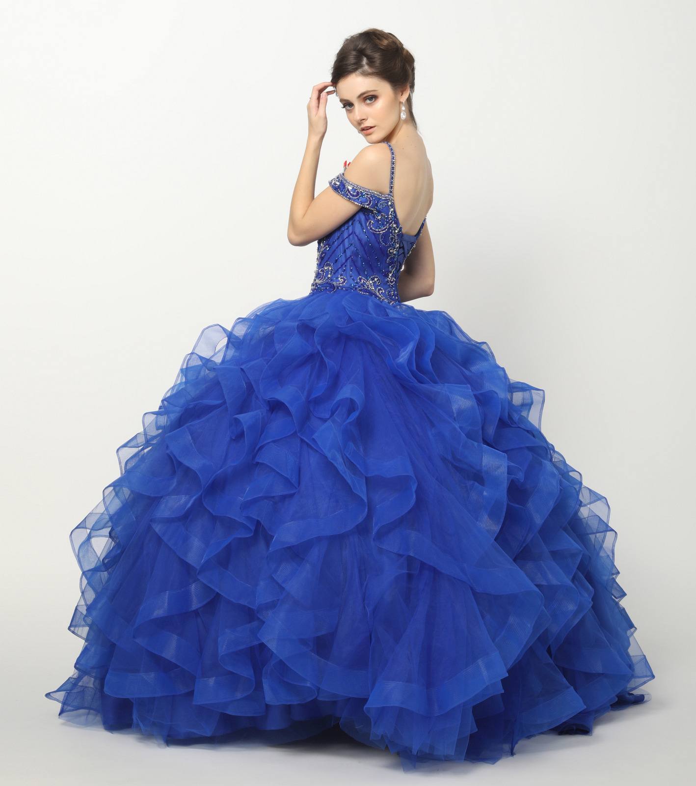 Juliet 1421 Cinderella Ball Gown Ruffled Tulle Cold Shoulder Embroidered Bodice by DiscountDressShop