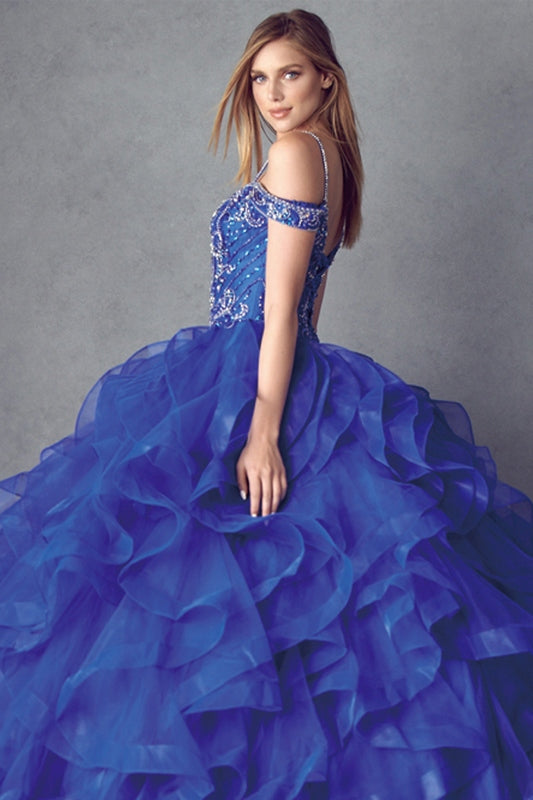 Juliet 1421 Cinderella Ball Gown Ruffled Tulle Cold Shoulder Embroidered Bodice by DiscountDressShop