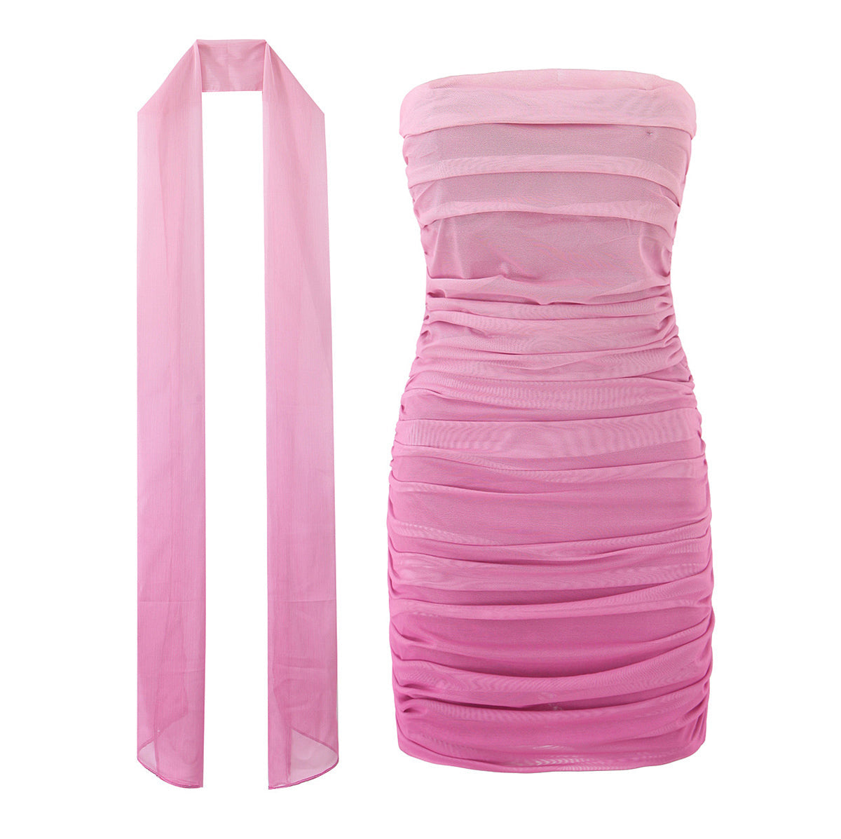 Holiday Gradient Pink Pleated Slim Fit Ribbon Tube Top Dress Elastic Wrapped Sexy Women Dress by Ragazza