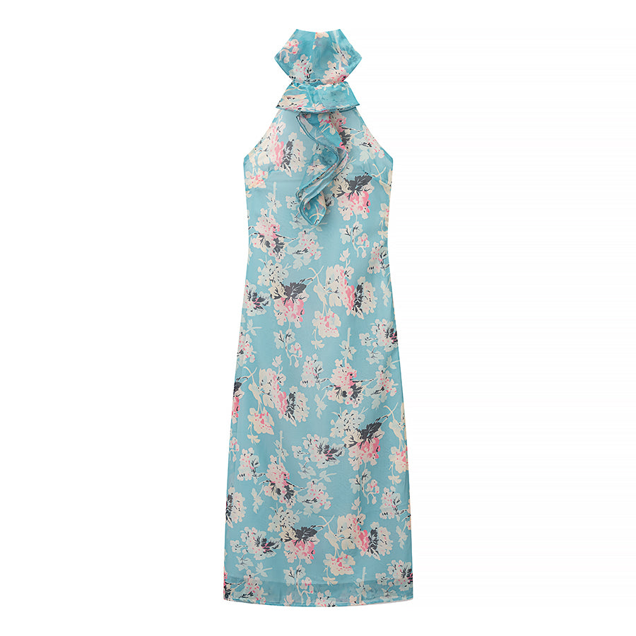 Women Clothing Autumn Socialite Artistic Printed Backless Design Halter Dress by Ragazza