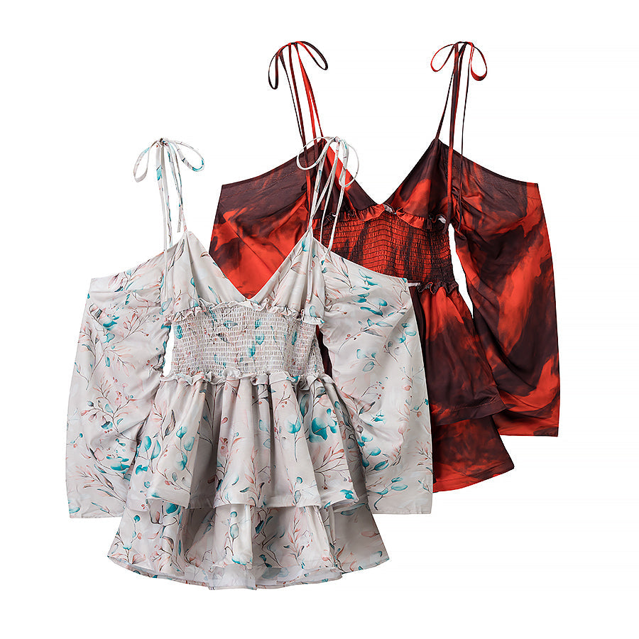 Women Clothing Autumn Short Sexy Wind Backless Design Slimming Lotus Leaf Printed Dress by Ragazza