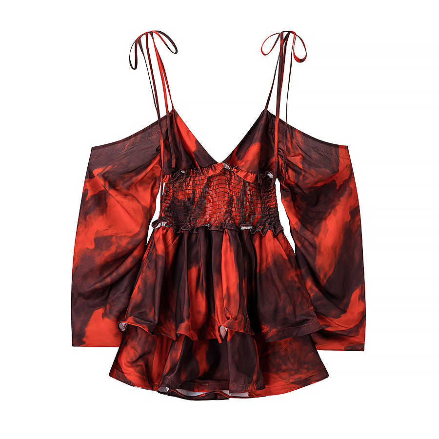 Women Clothing Autumn Short Sexy Wind Backless Design Slimming Lotus Leaf Printed Dress by Ragazza
