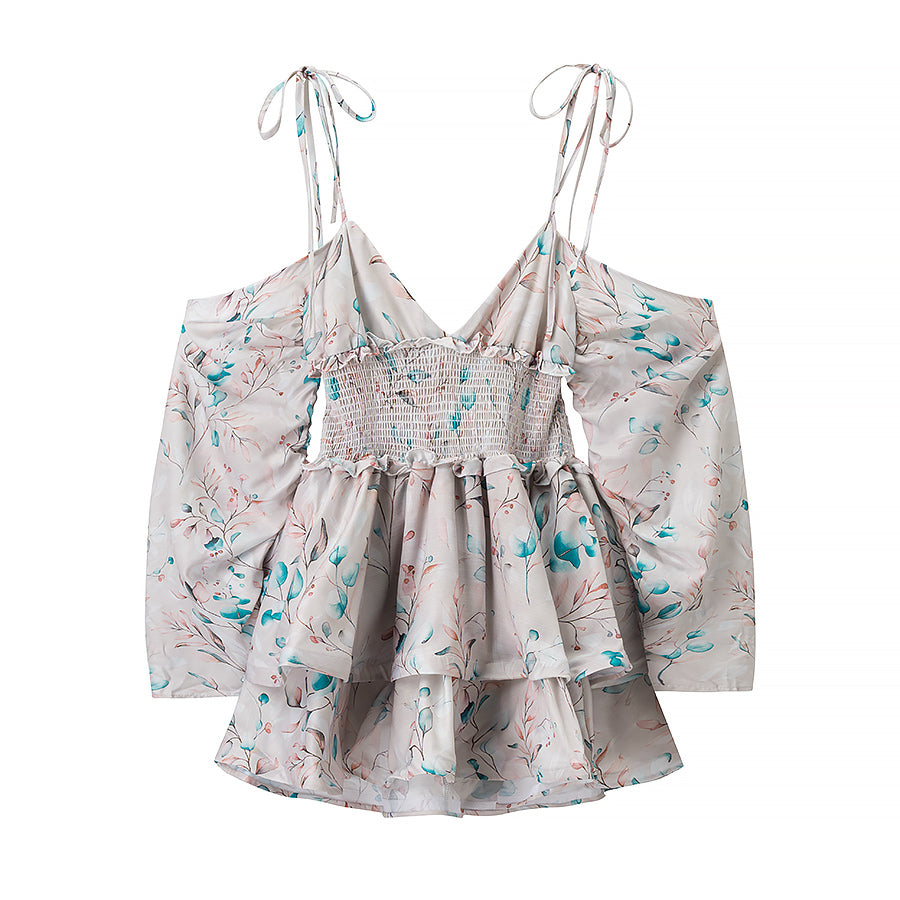 Women Clothing Autumn Short Sexy Wind Backless Design Slimming Lotus Leaf Printed Dress by Ragazza