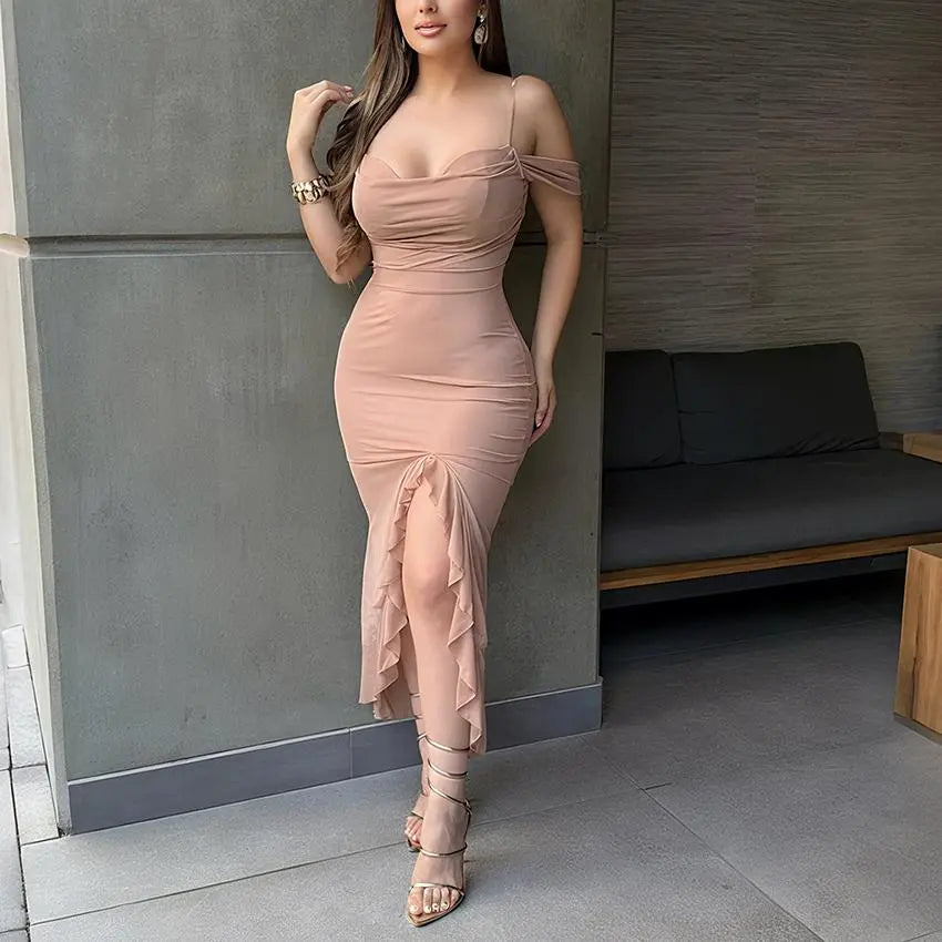 Ruffled Split Sexy Cami Dress Solid Color Dress Maxi Dress Women Clothing