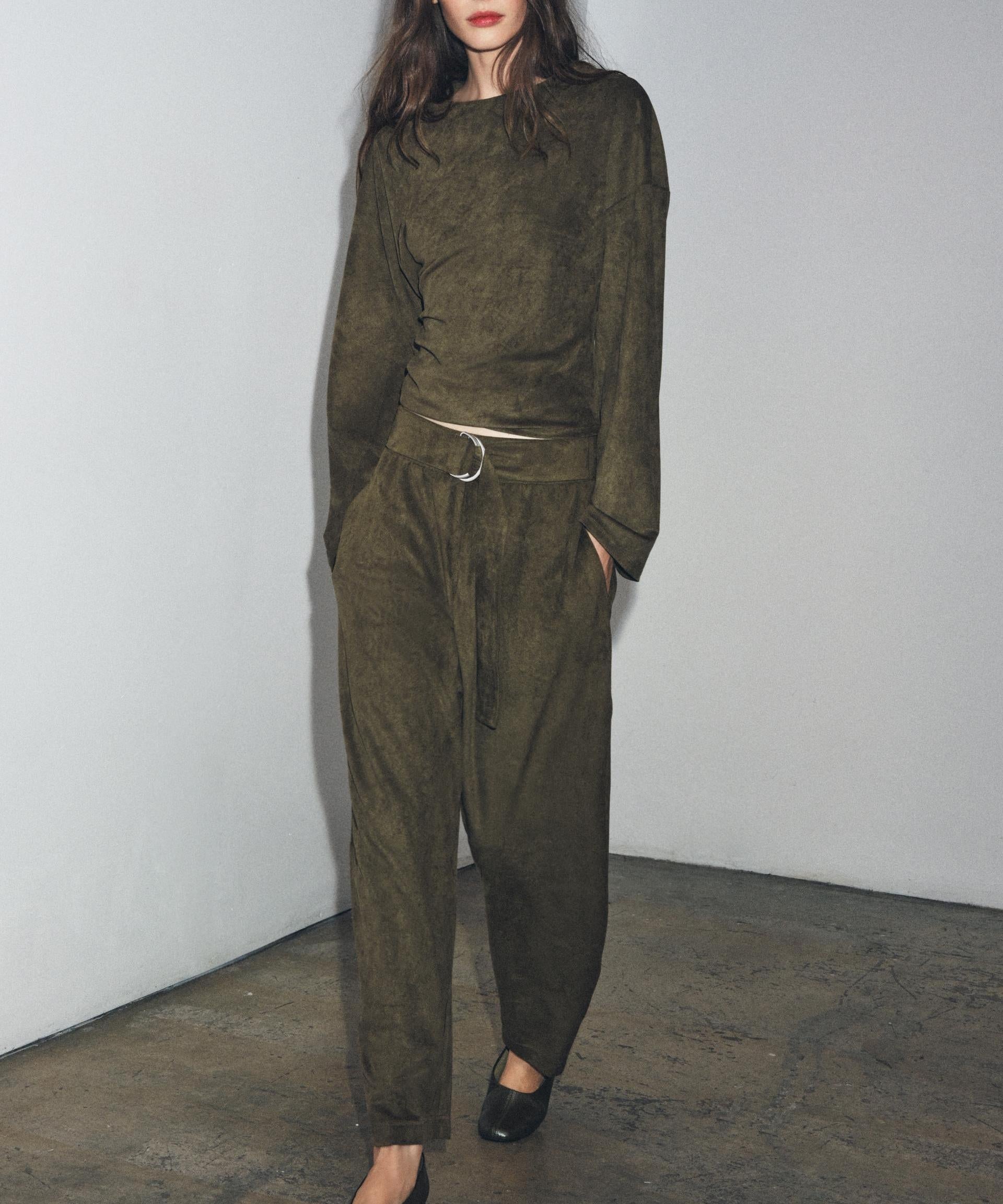 Women Clothing Waist Pleated Suede T shirt Top Belt Pants Suit Women by Ragazza