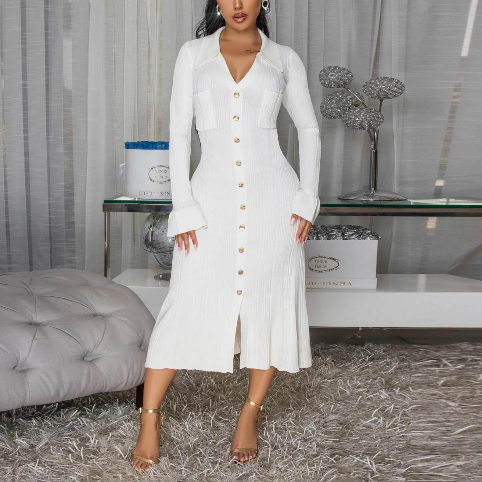 Women Wear V neck Solid Color Dress Single Breasted Long Sleeve Dress by Ragazza