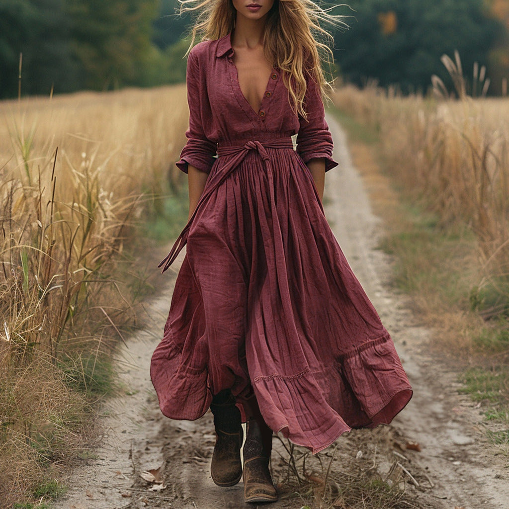 Retro Long Sleeve Bohemian Long Cotton Linen Dress by Ragazza
