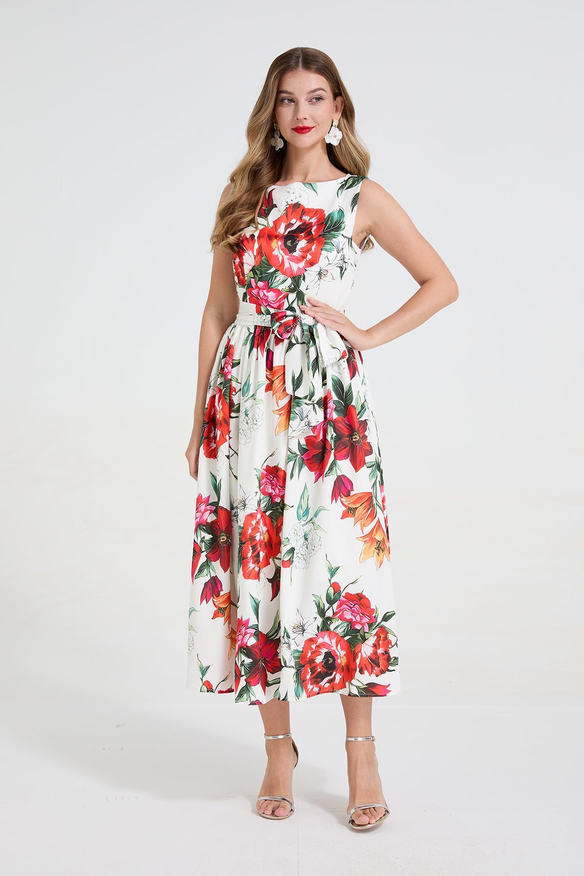 Women Romantic Floral Print Sleeveless Dress High Waisted Bow Tie Belt Cinched Waist Flared Dress by Ragazza