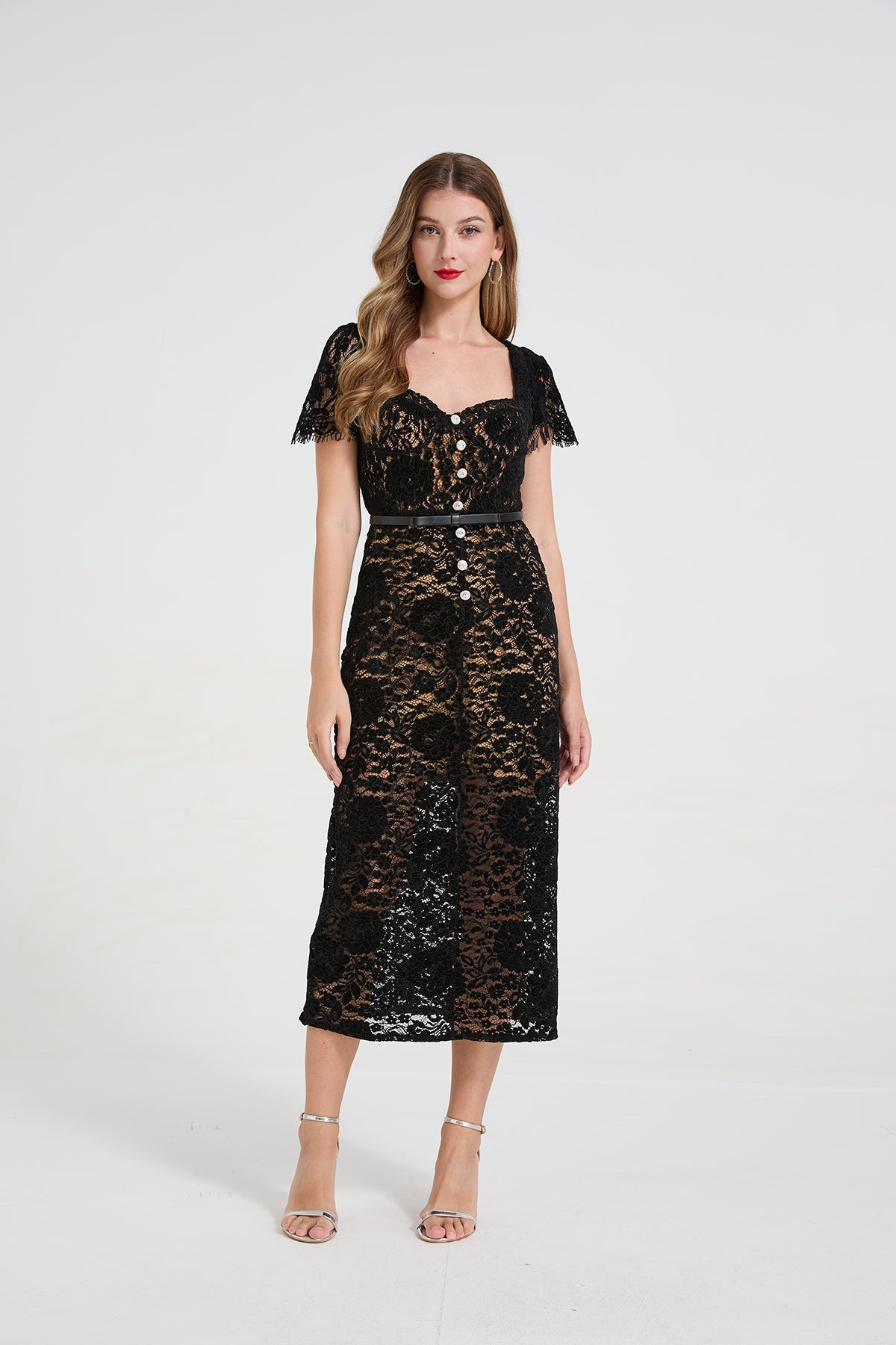 Women Lace Square Neck Rhinestone Bow Dress With 3d Padded Bust And Mermaid Silhouette by Ragazza