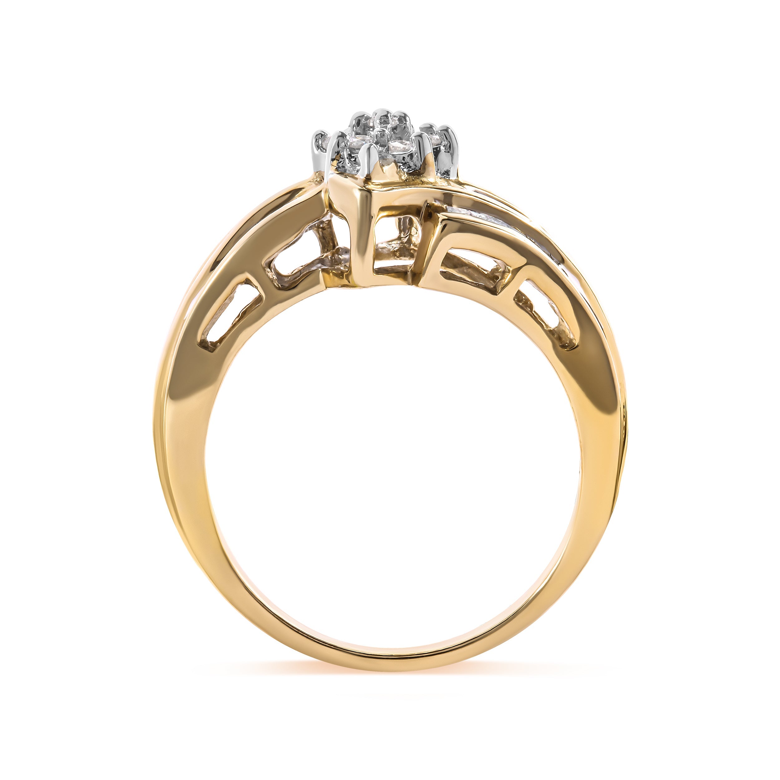 10K Yellow Gold 1/2 Cttw Round And Baguette-cut Diamond Cluster Head and Channel Set Shank Ring (H-I Color, I1-I2 Clarity) - Ring Size 7 by Bids.com