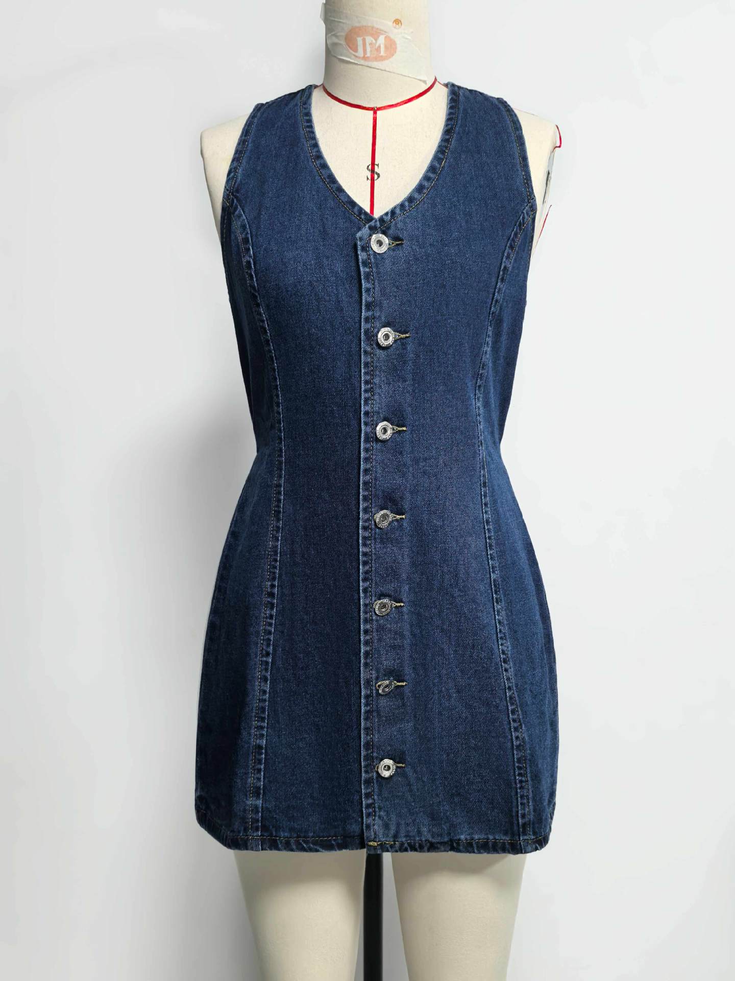Autumn Button Placket Lace up Back Waist Denim Dress Retro Dress Women by Ragazza