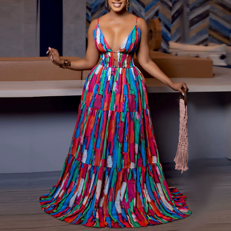 Women Wear Sexy Strap Backless Print Color Dress by Ragazza