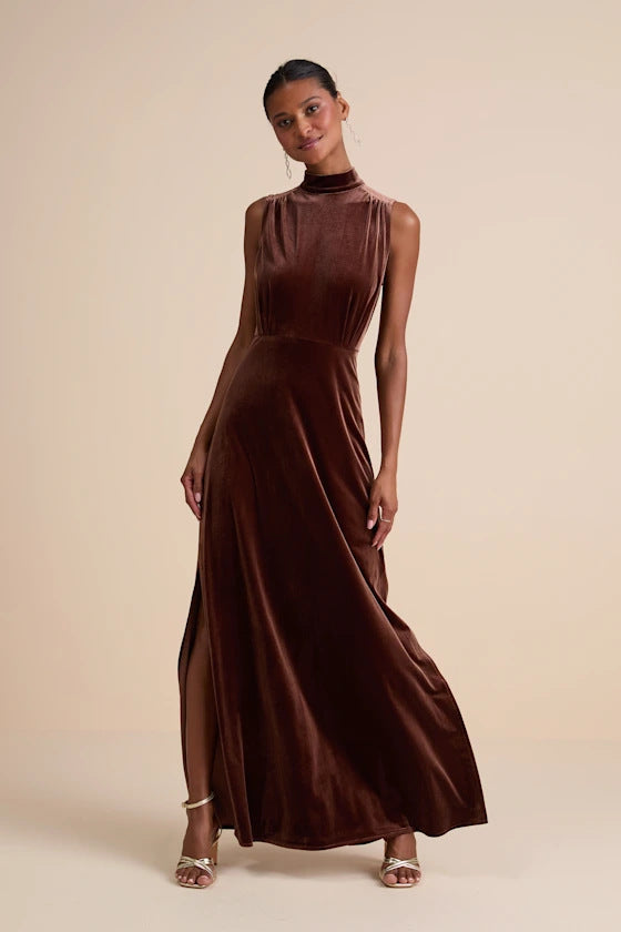 Graceful round Stand Collar Sleeveless Waist Slit Party Dinner Dress Solid Color Women Dress by Ragazza