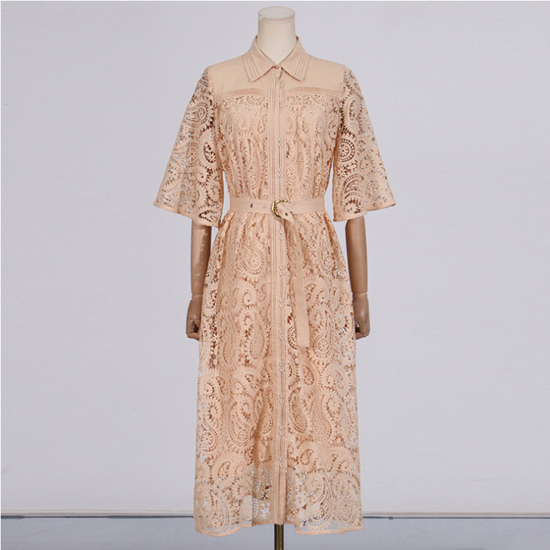 Retro Casual Elegant Dress Autumn Polo Collar Lace Hollow Out Cutout High Waist Bell Sleeve Maxi Dress Women by Ragazza