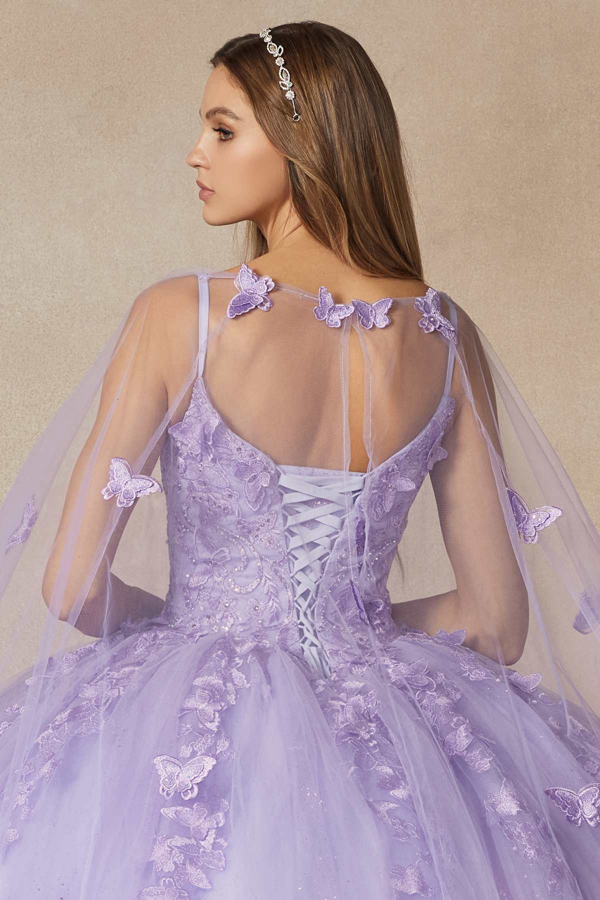 Juliet 1442 Long 3D Butterfly Appliques Strapless Bodice Cape Quinceanera Dress by DiscountDressShop
