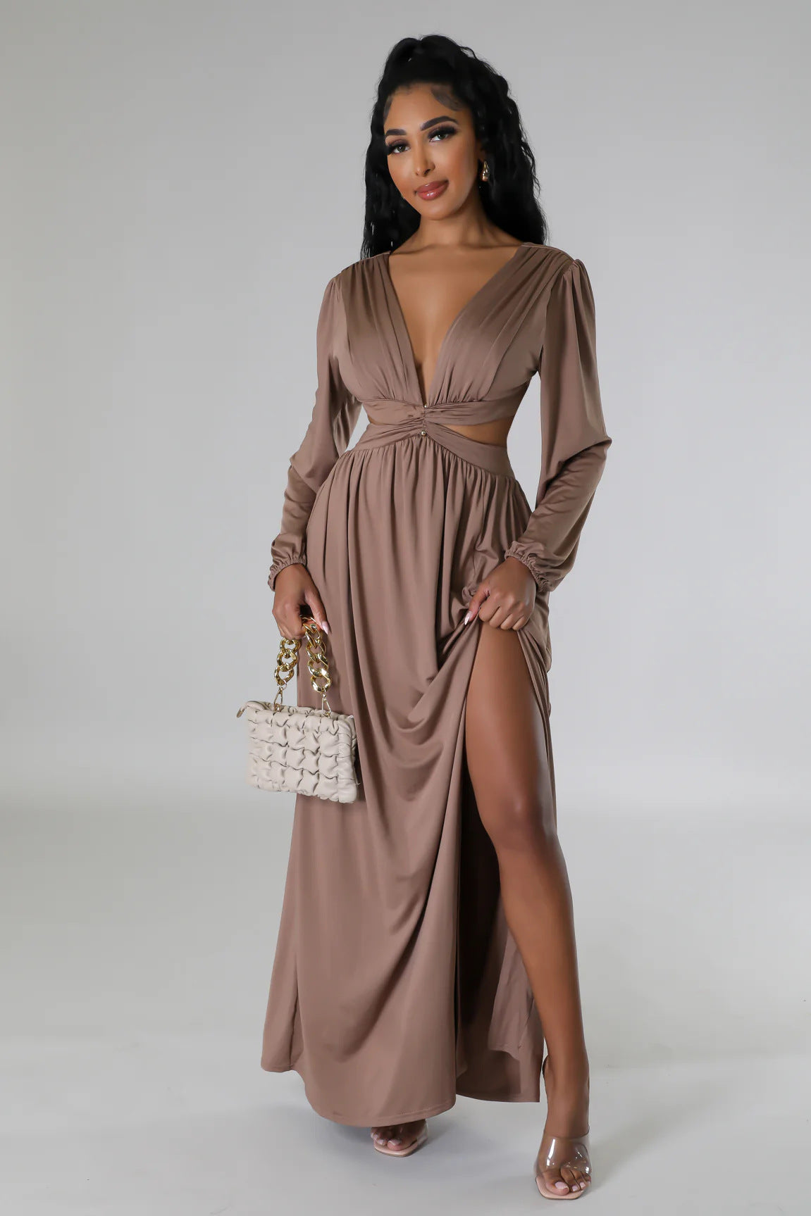Deep V Plunge Neck Solid Color Long Sleeve Sexy Waist Hollow Out Cutout out Lace up Split Dress Comfortable Skin Friendly Daily Party Women Dress by Ragazza