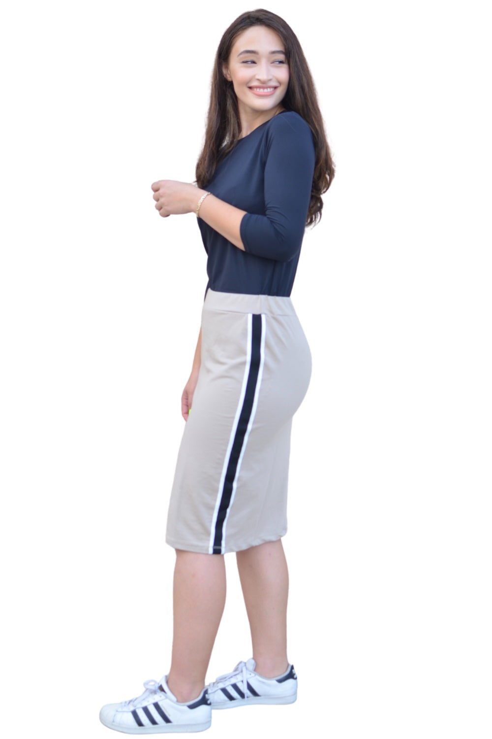 Sporty Side Stripe French Terry Knee-Length Skirt in Cotton Spandex by Kosher Casual USA