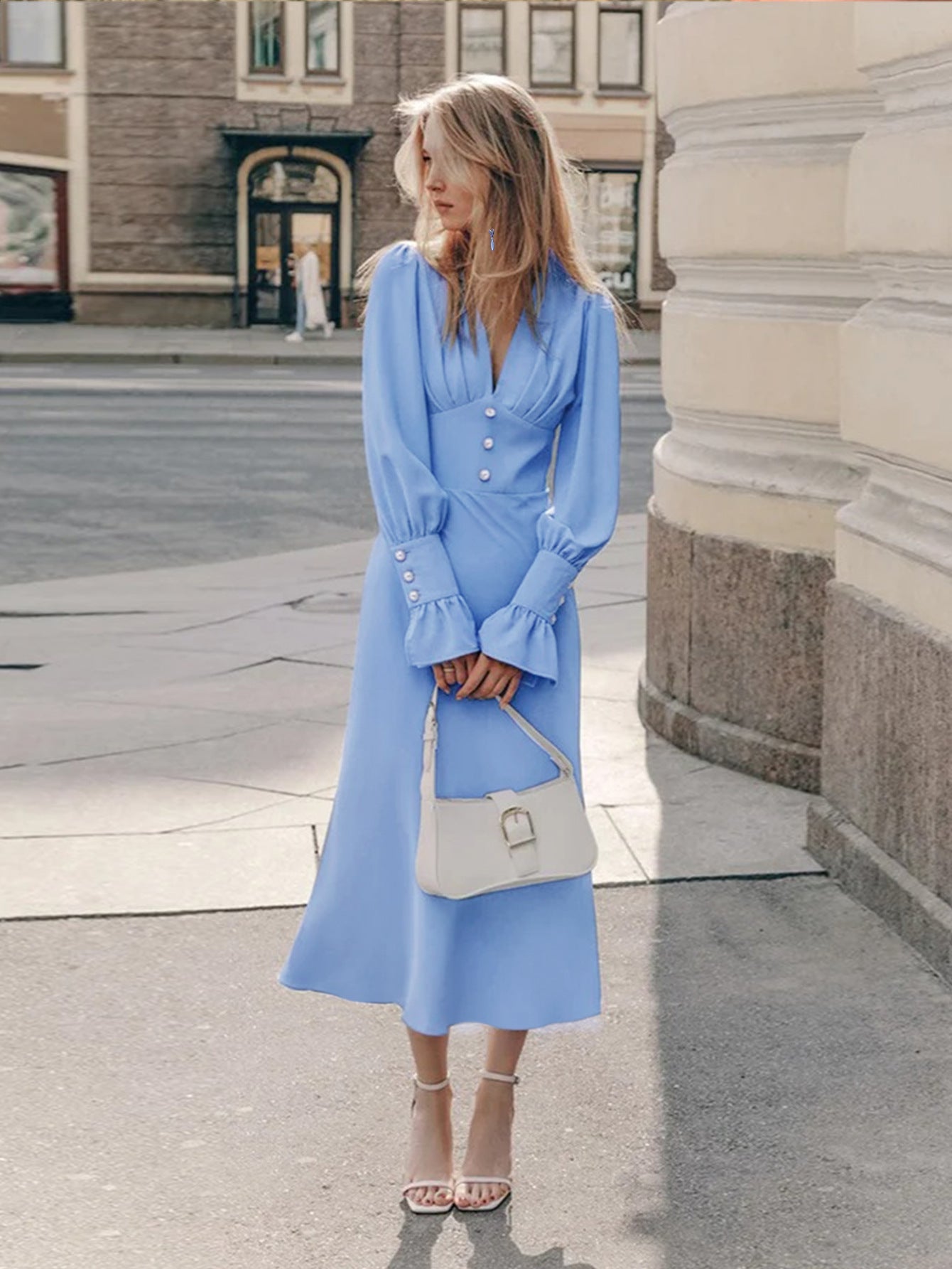 Elegant Office Pleated Deep V Plunge neck Button Decorative Waist Tight Lantern Sleeve Elegant A line Dress by Ragazza