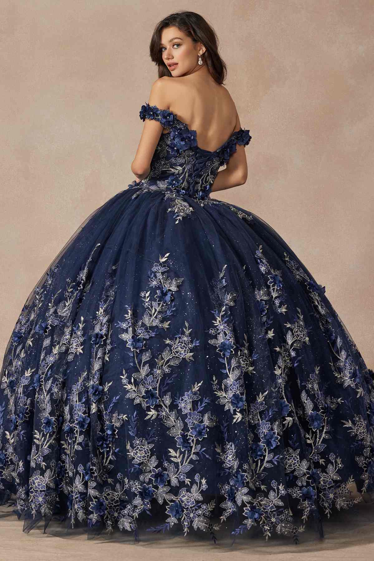 Juliet 1447 Long 3D Floral Appliques Off Shoulder Poofy Ball Gown by DiscountDressShop