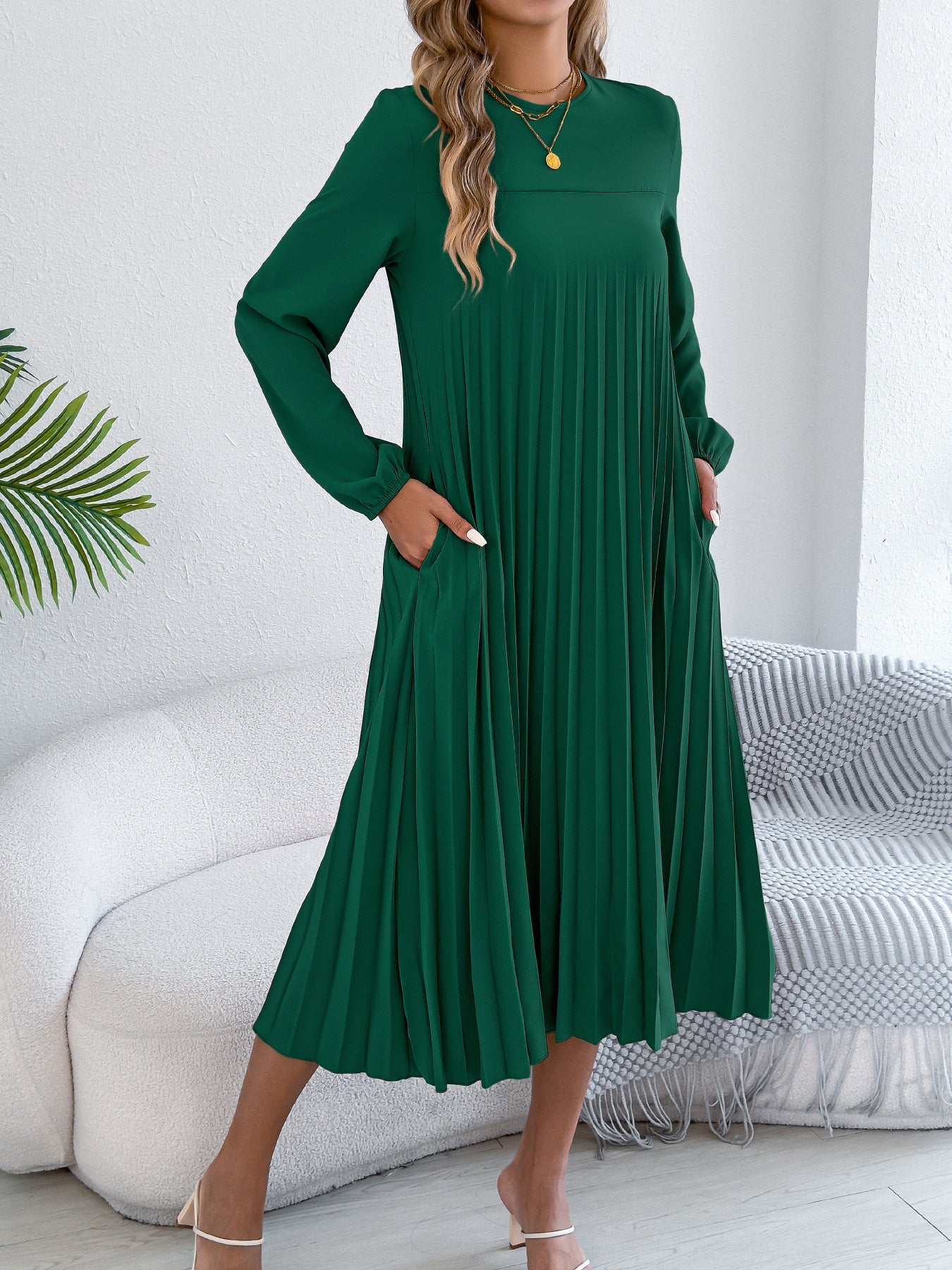 Women Clothing Spring Summer Casual Solid Color Long Sleeve Pocket Pleated Dress(Without Belt) by Ragazza