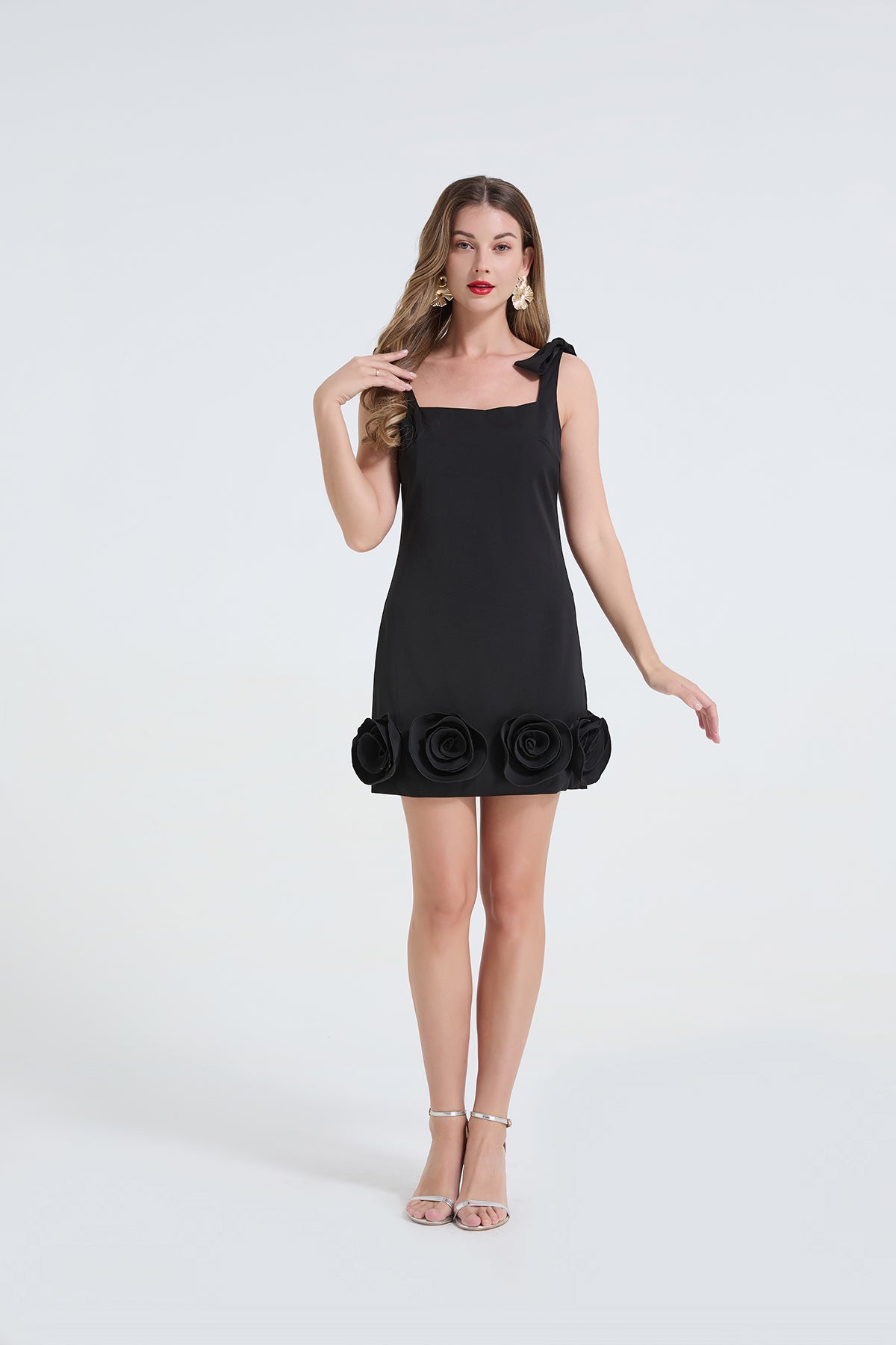 Women Three Dimensional Rose Decoration Bow Shaped Shoulder Straps Sexy And Niche Design A Line Dress by Ragazza