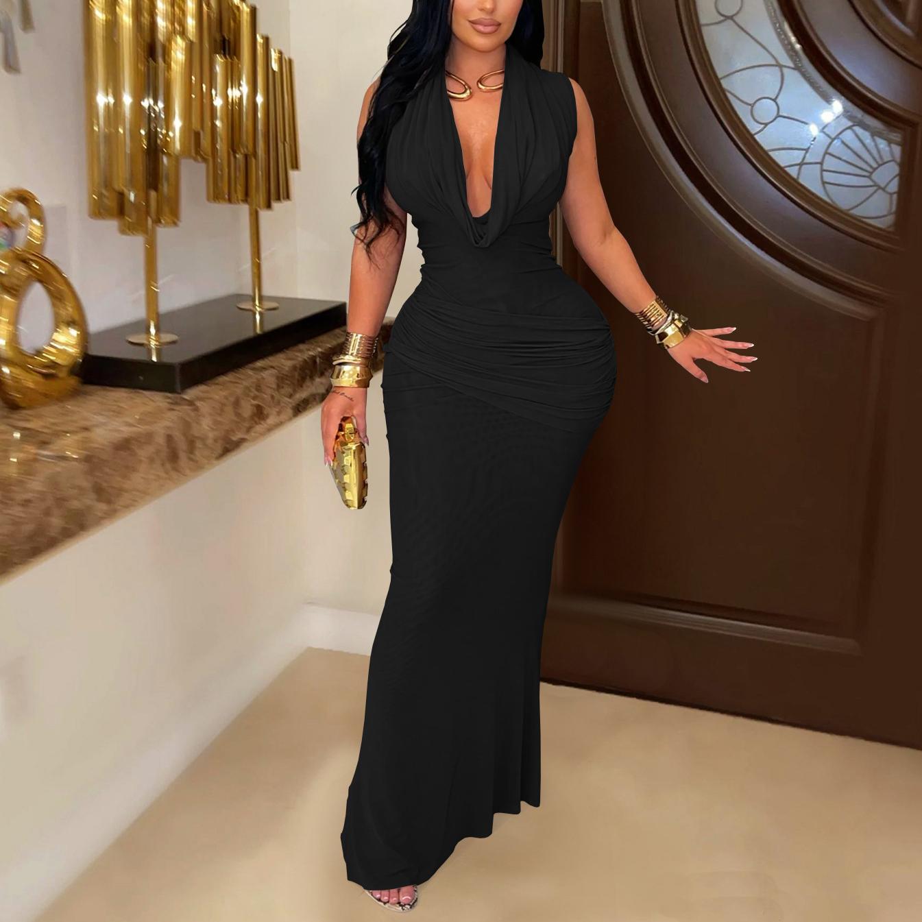 Women Wear Elegance Sleeveless Pleated V neck Low Cut Dress by Ragazza