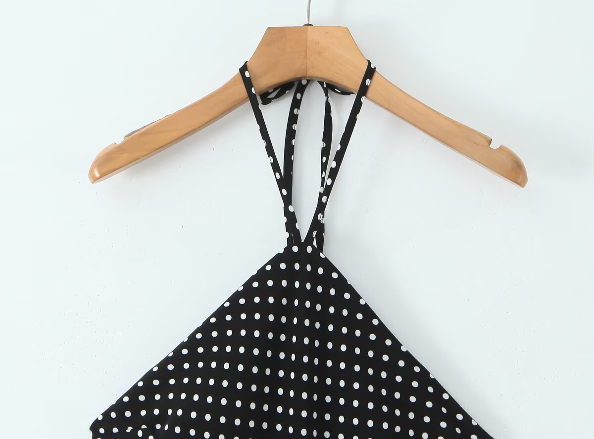 Women Clothing French Vacation Polka Dot Backless Sexy Halter Cami Dress by Ragazza