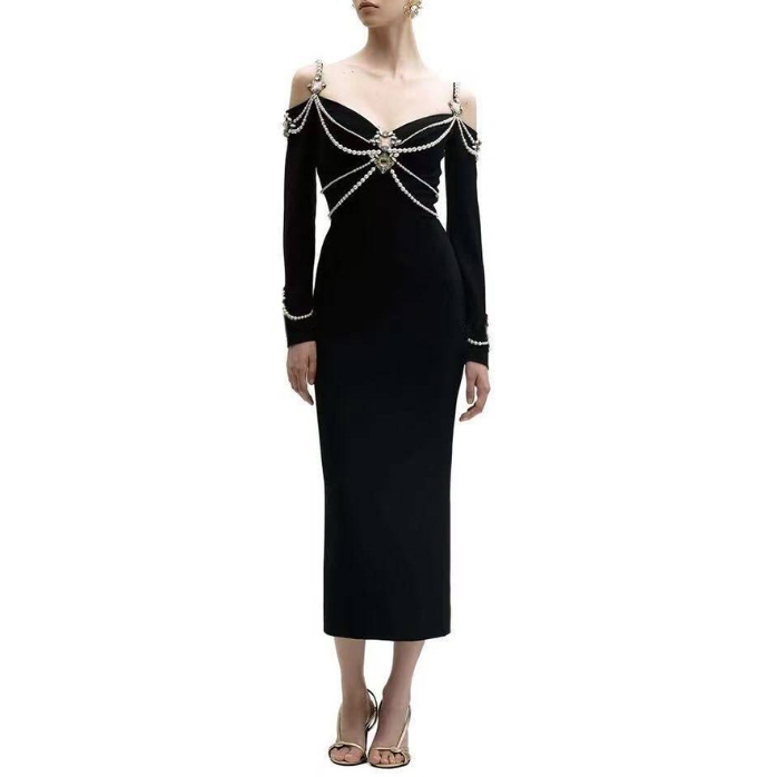 Sexy Sling Beads Rhinestones Long Sleeve Bandage Bandage One Piece Dress Party Gathering Formal Dress by Ragazza