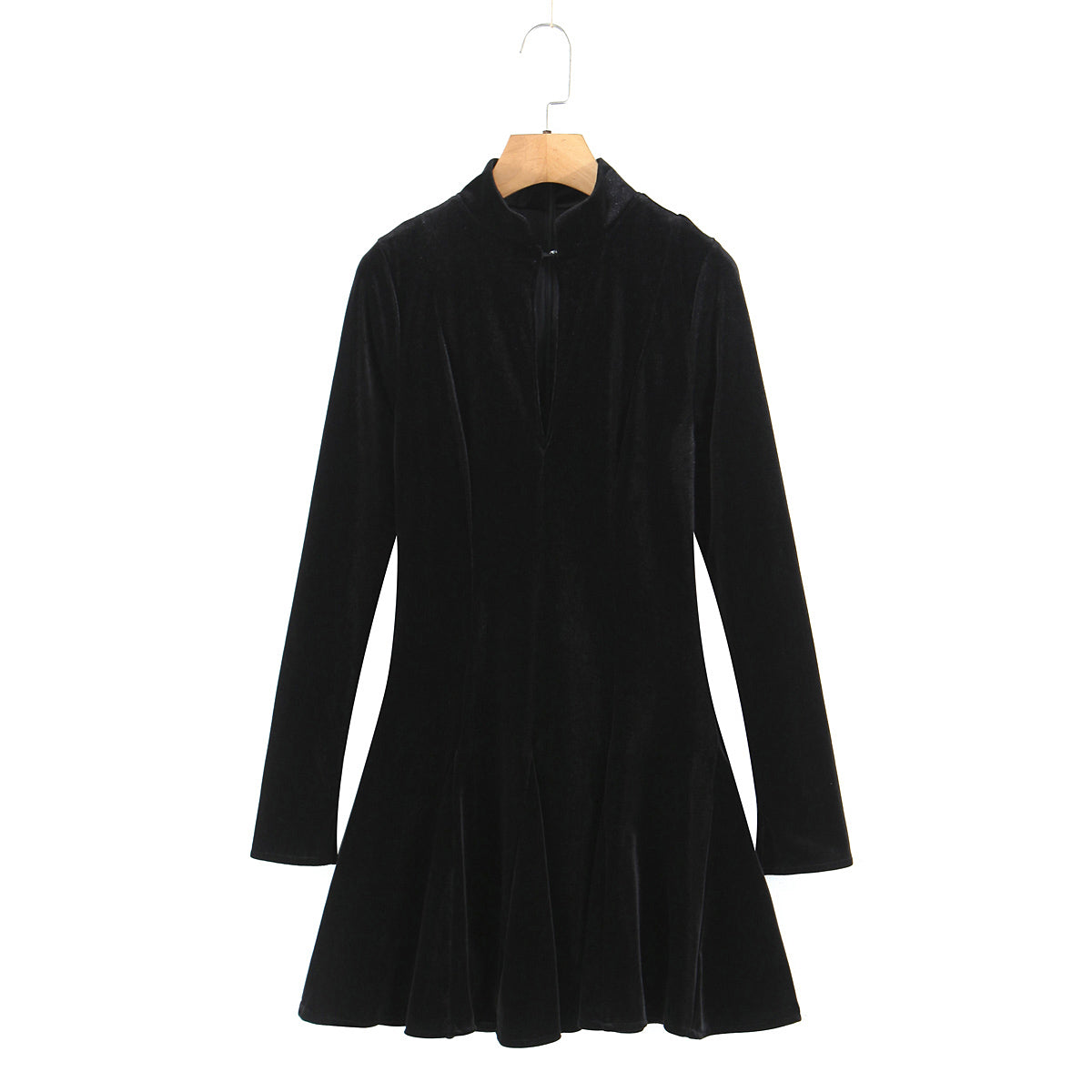 Women Clothing Velvet Stand up Collar Slim Fit A line Black Dress Minimalist Long Sleeve Comfortable Mini Dress by Ragazza