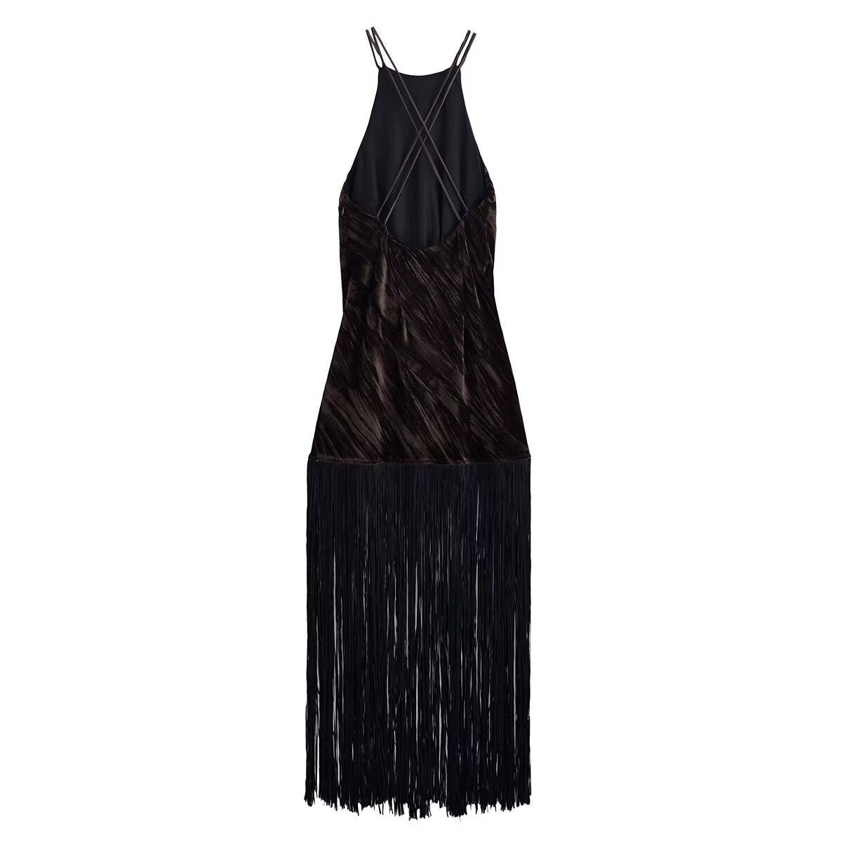 Women Clothing Hanging Collar Velvet Tassel Mid Length Midi Dress by Ragazza