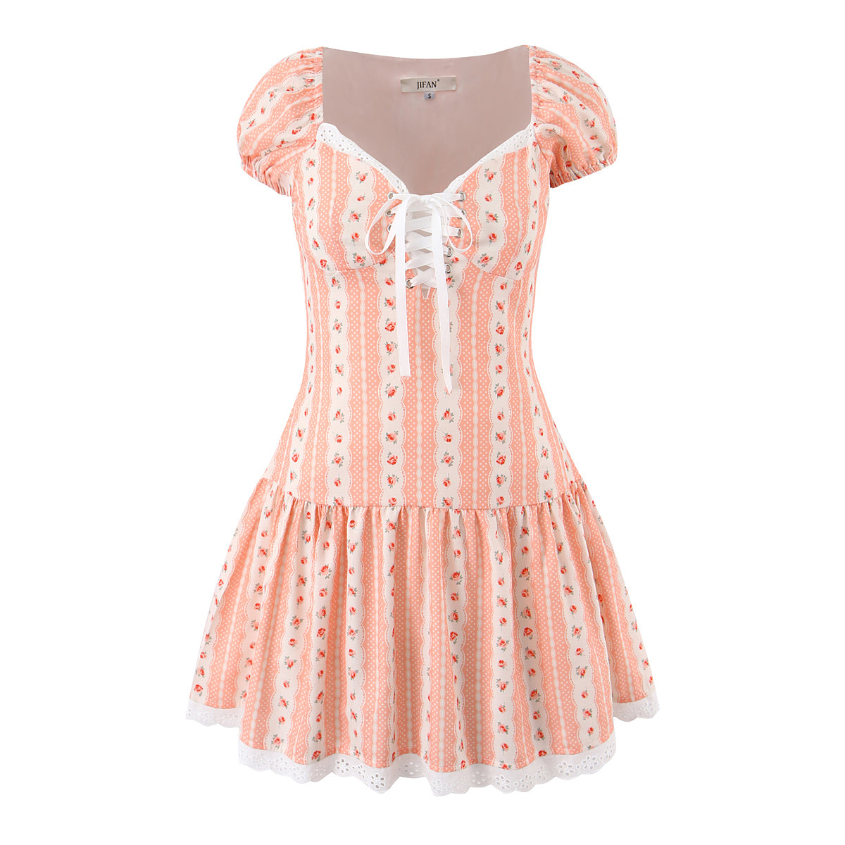 French Girlish Fresh Sweet Lace Strap Printing Slim Fit Short Dress by Ragazza