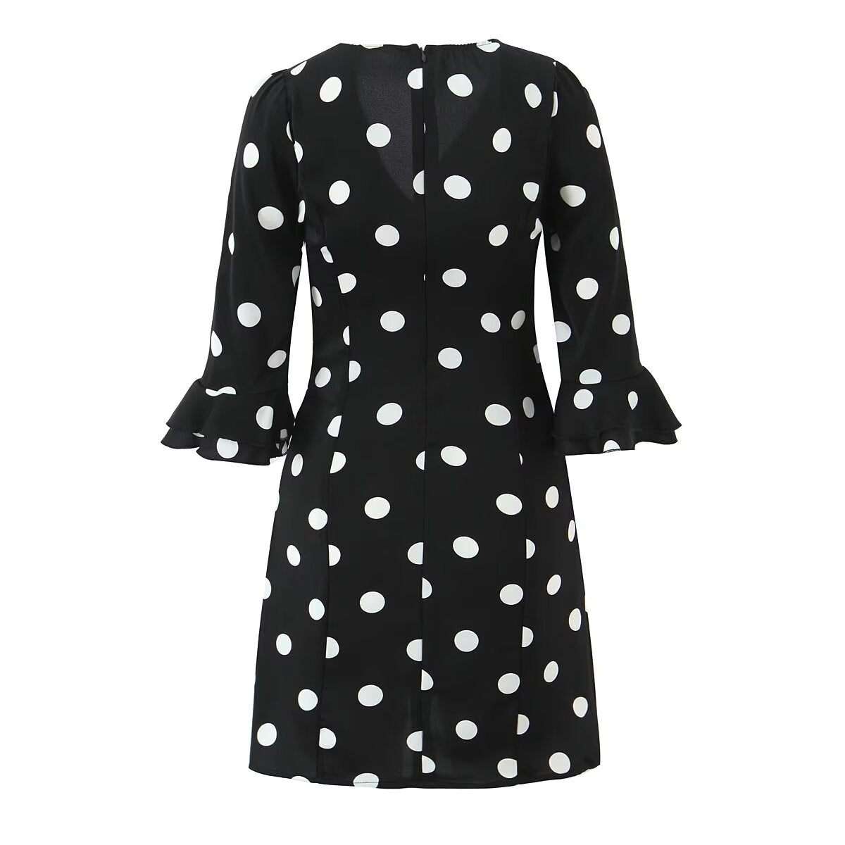 French Retro Dots Dress Women Holiday V neck Slim-Fit Flared Sleeves Slimming A line Dress by Ragazza