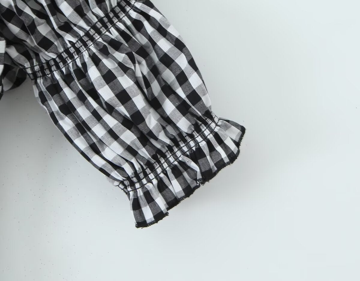 French Retro Minority Design High Waist Color Contrast Check Maxi Dress Women Elastic Waist Puff Sleeve Dress by Ragazza