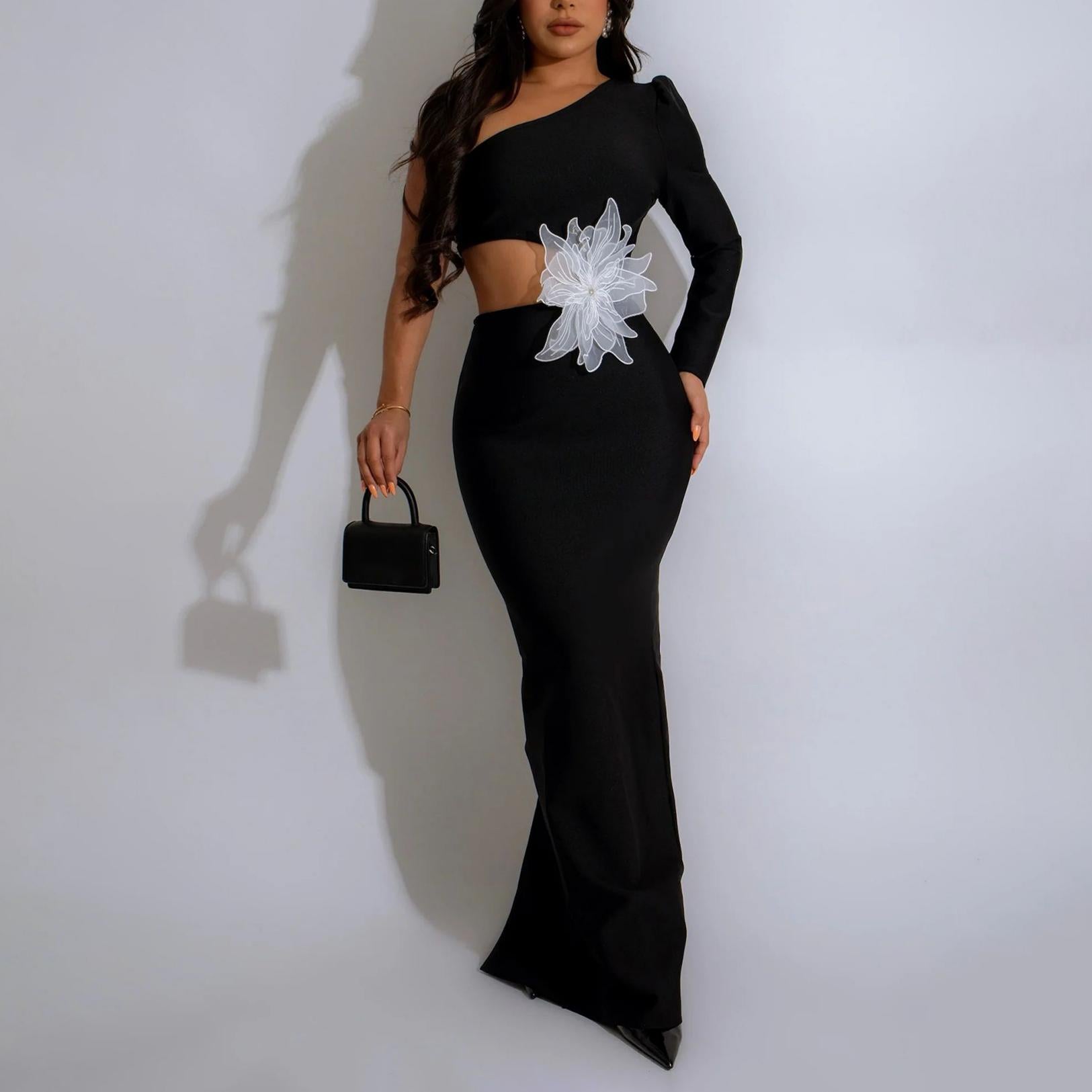 One Shoulder Long Sleeve Sexy Dress Floral Beaded Evening Dress by Ragazza
