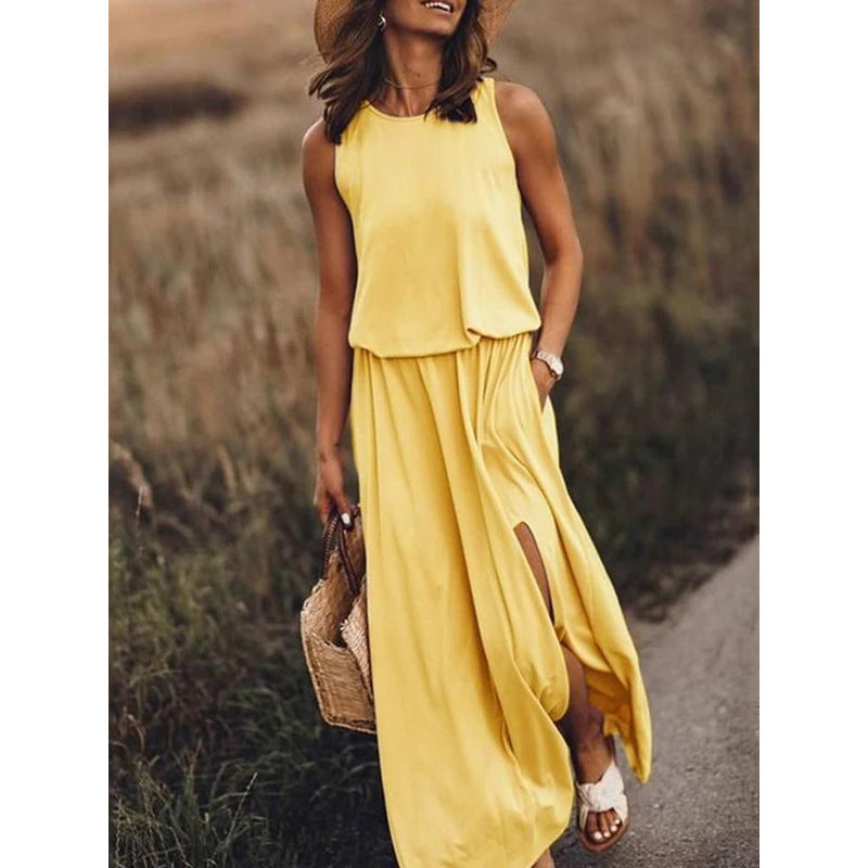 Spring Summer Women Clothing round Neck Sleeveless Dress Split Solid Color Casual Office Dress by Ragazza