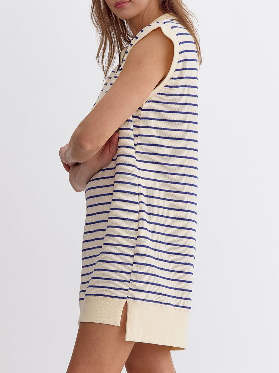 Ladies Summer Sleeveless Cotton Knitted Striped Color Matching Zipper Pocket Dress by Ragazza