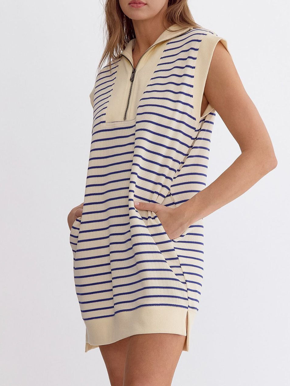 Ladies Summer Sleeveless Cotton Knitted Striped Color Matching Zipper Pocket Dress by Ragazza