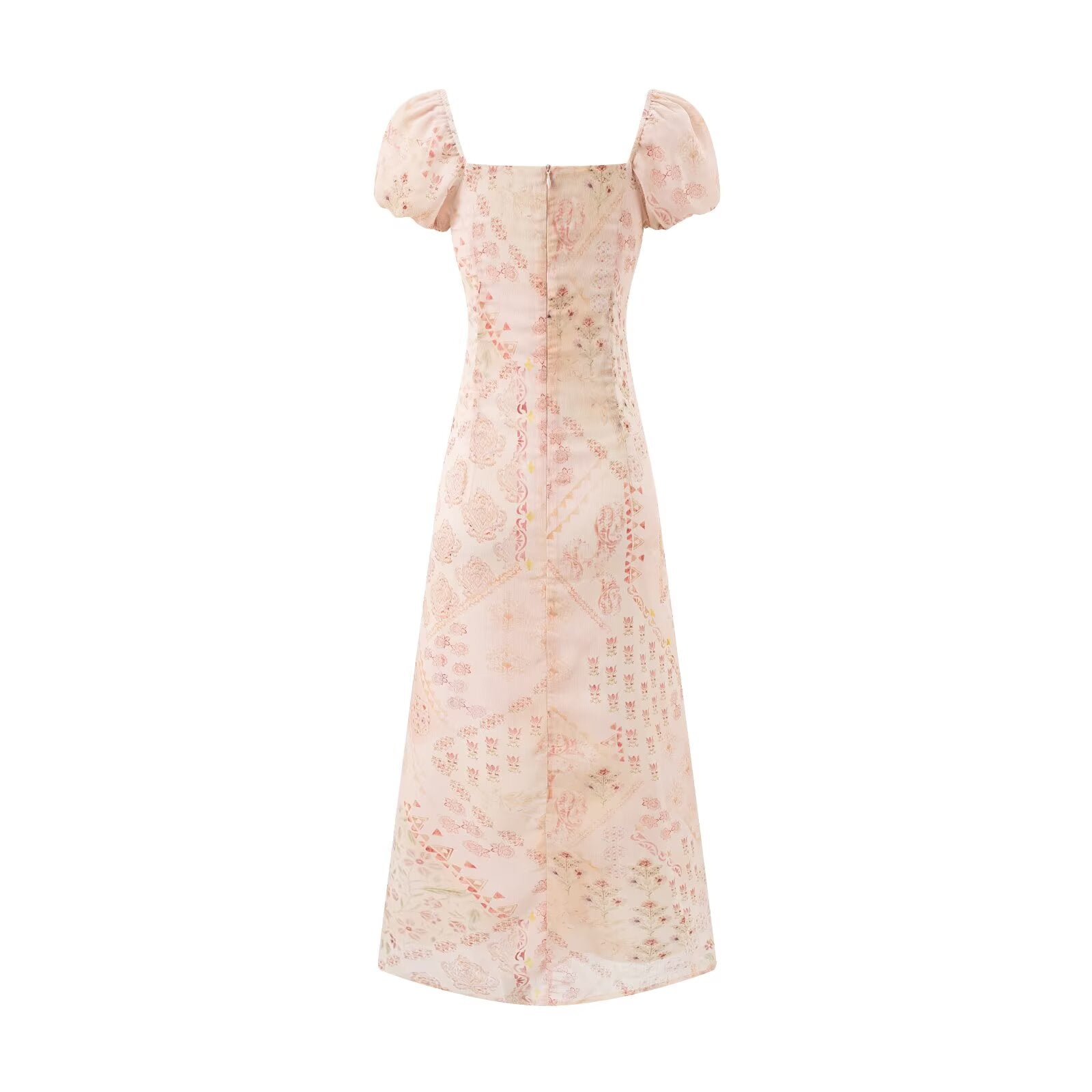 Retro Square Collar Lace up Bubble Sleeve Printed Dress Autumn High Waist Slim Slimming Vacation Maxi Dress by Ragazza