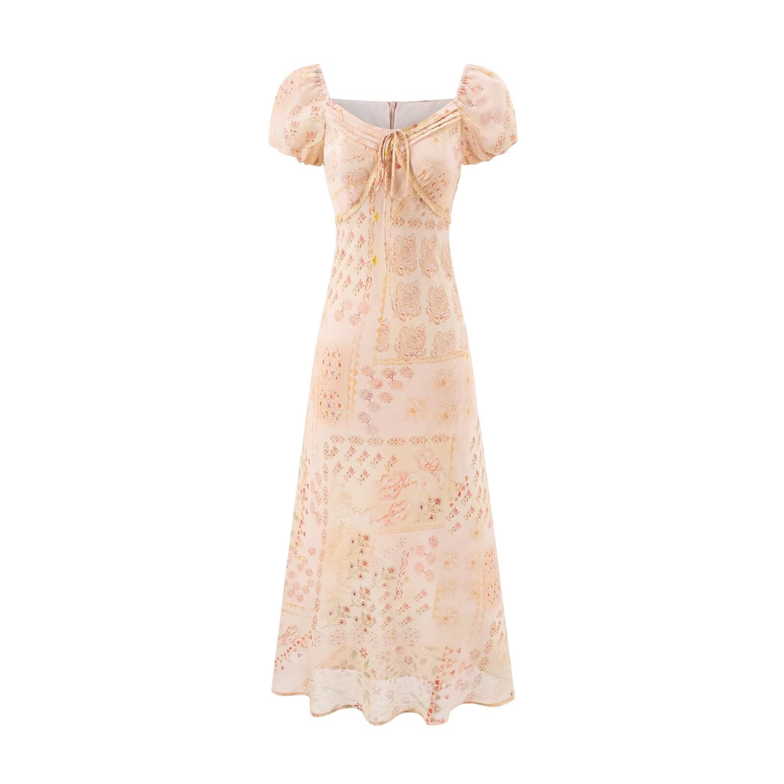 Retro Square Collar Lace up Bubble Sleeve Printed Dress Autumn High Waist Slim Slimming Vacation Maxi Dress by Ragazza