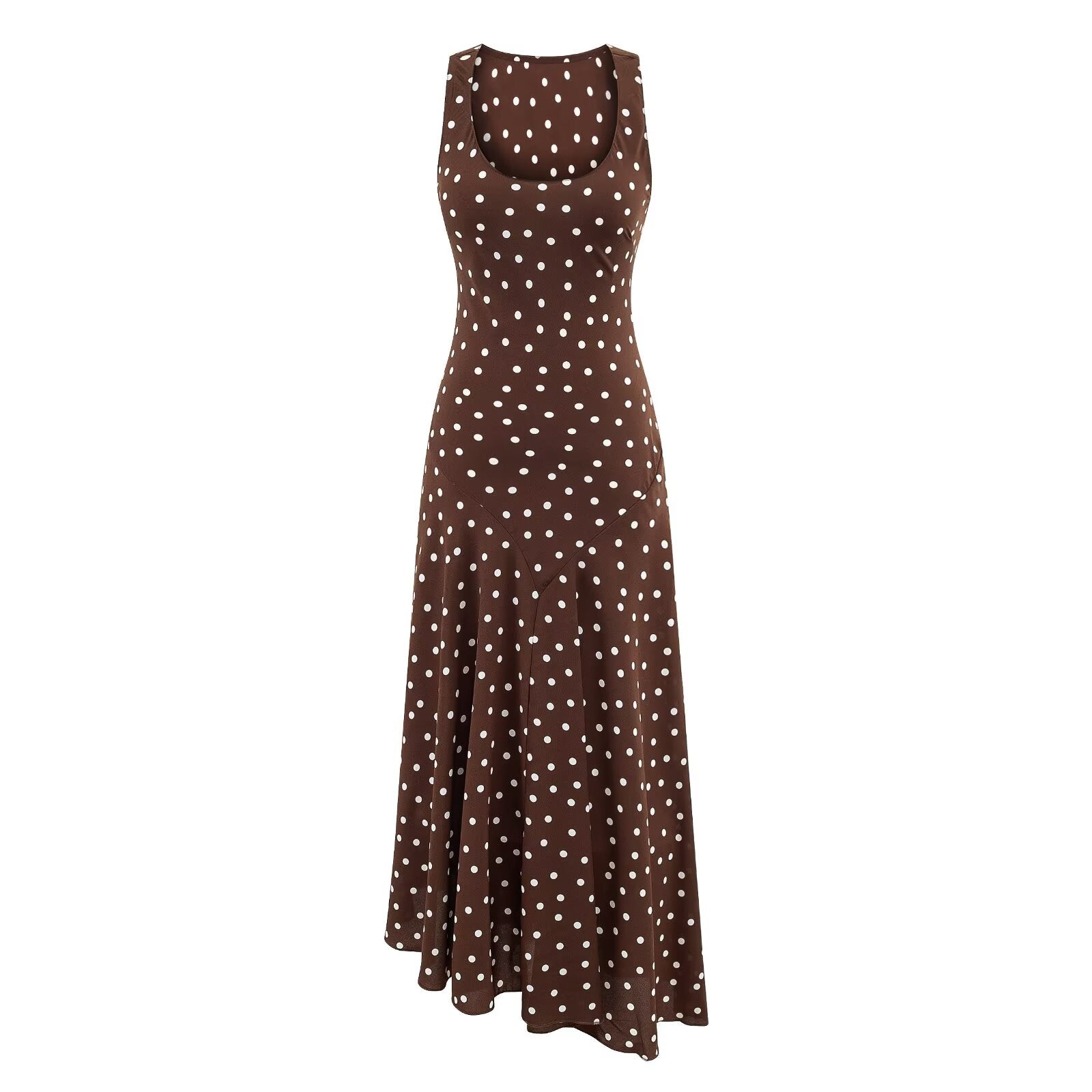 Mature Retro Square Collar Fitted Waist Polka Dots Dress Women Summer Sleeveless Slim Fitting Patchwork Irregular Asymmetric Polka Dot Maxi Dress by Ragazza