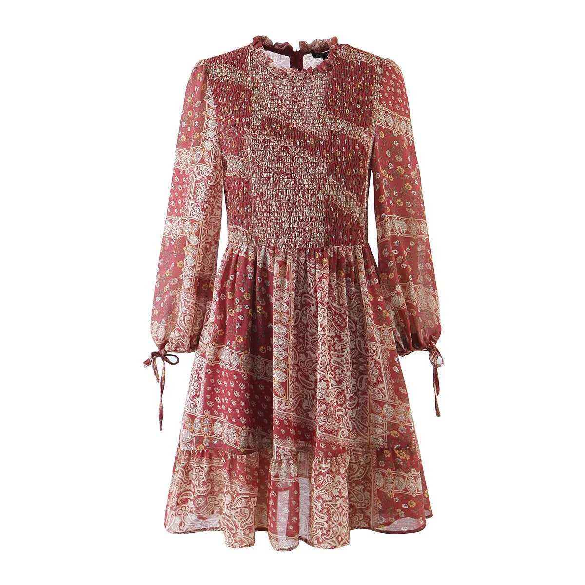 Women Clothing Western Imitation Bow Tie Cuff Patchwork Printed Dress by Ragazza