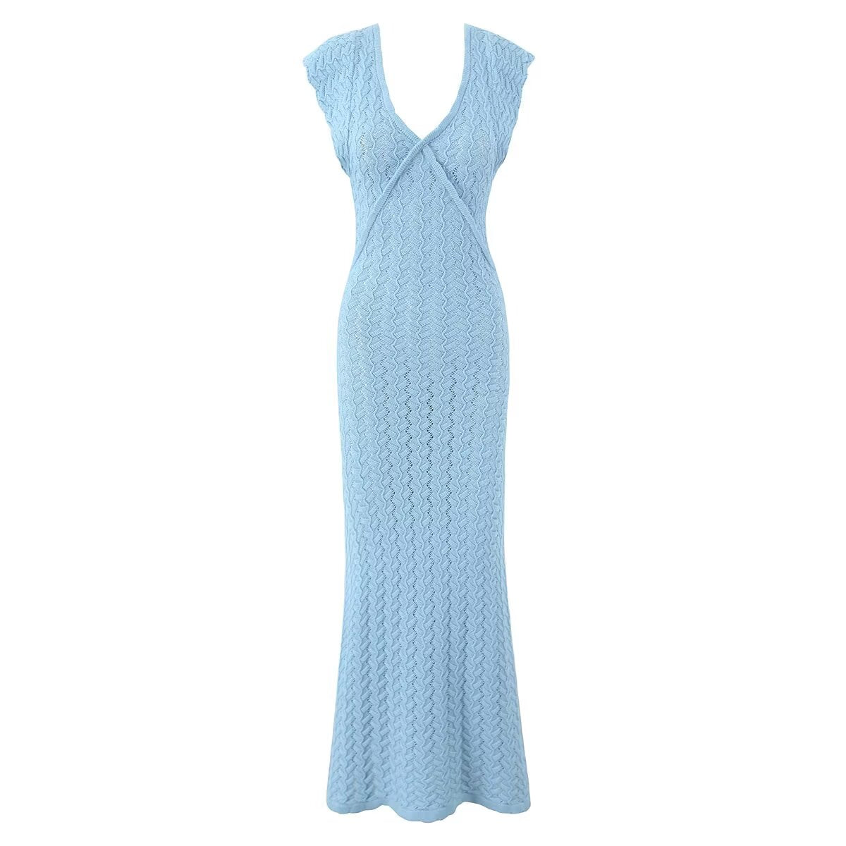 V neck Vintage Crocheted Knitted Dress Slimming Design Waist Tight Elegant Pure French Maxi Dress by Ragazza
