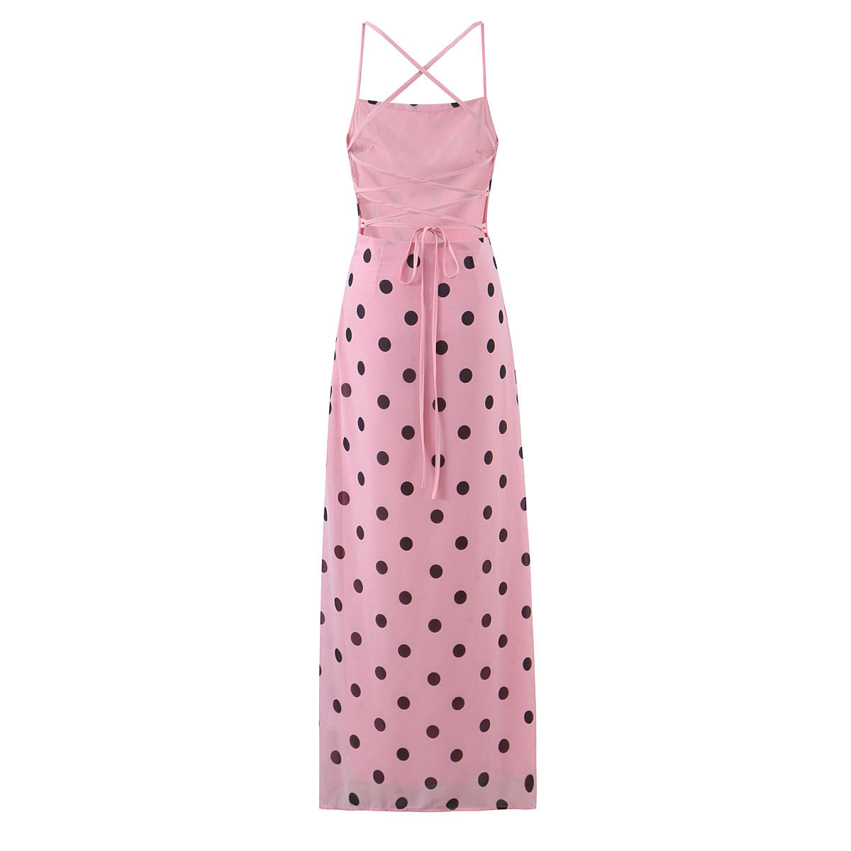 Gentle Elegant Pink Polka Dot Brace Dress Women Vintage Backless Lace up Design Tight Waist Maxi Dress by Ragazza