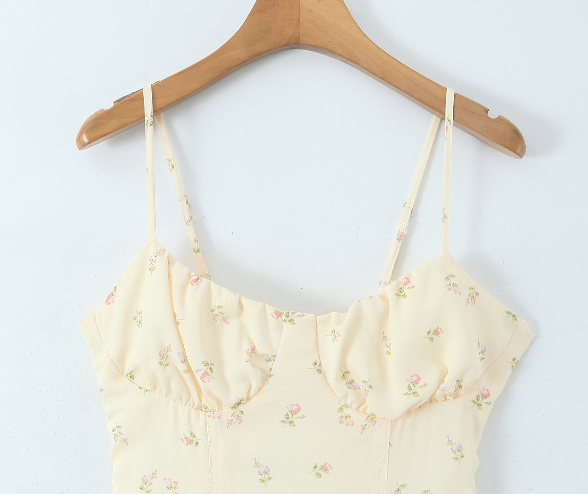 Women Clothing French Yellow Floral Drawstring Strap Dress Summer Sweet Slim Fit Vacation Beautiful Dress by Ragazza