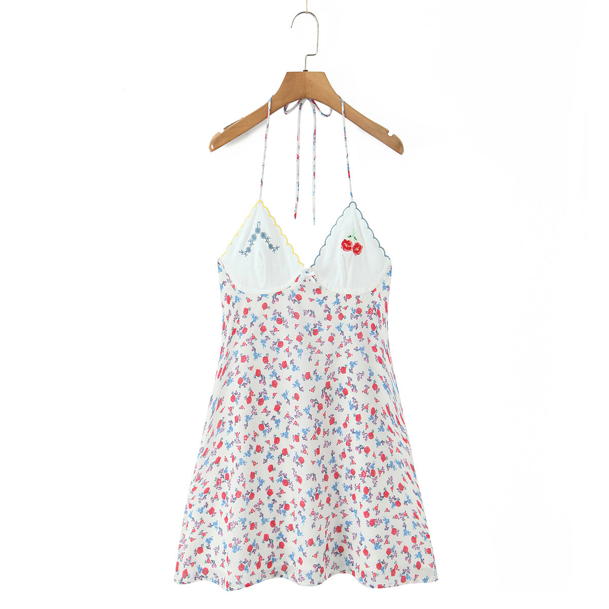 Sexy French Sweet Embroidered Printed V neck Halter Dress Women Summer Seaside Vacation Casual Cami Dress by Ragazza