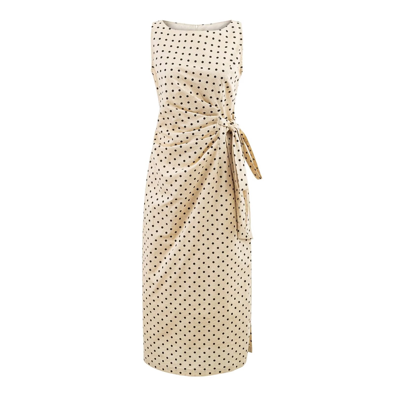 Polka Dot Design Pleated Waist Tight Lace up Side Slit round Neck Sleeveless Dress Women Slim Fit Maxi Dress by Ragazza